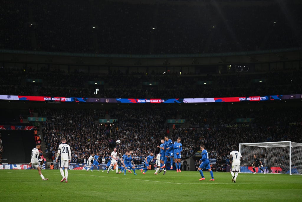 A general view as Trent Alexander-Arnold of England takes a free-kick during the UEFA Nations League 2024/25 League B Group B2 match between Englan...