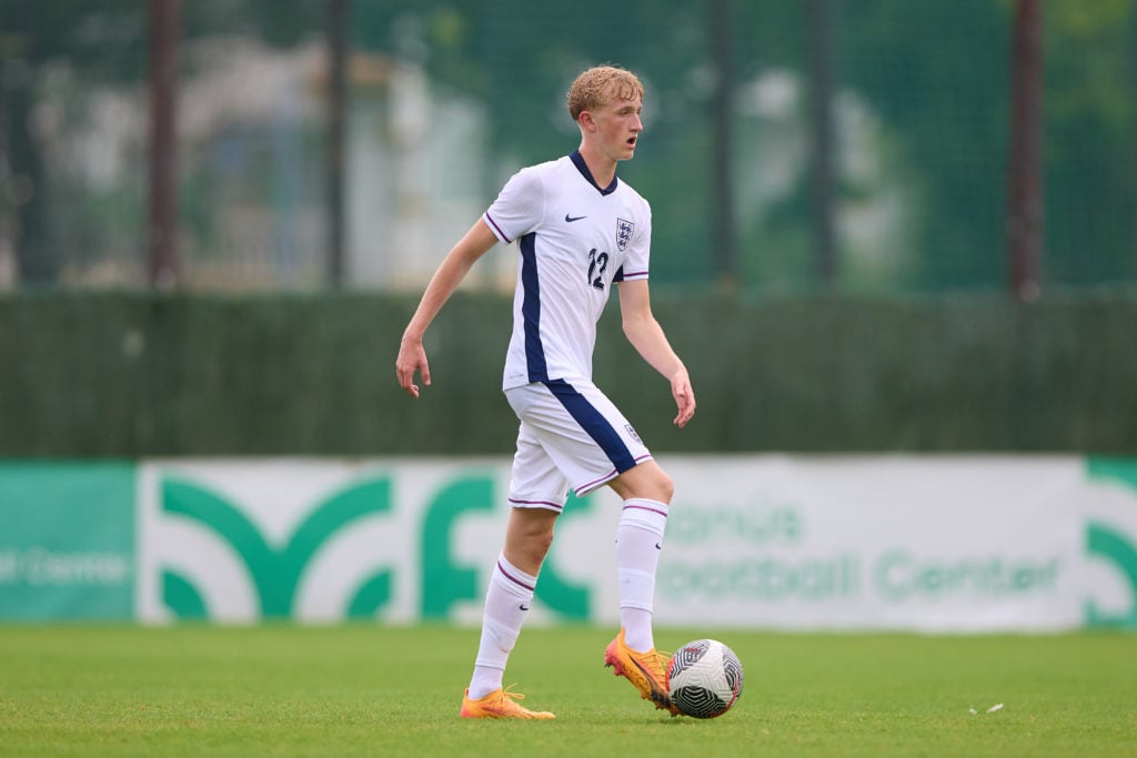 Airidas Golambeckis of England in action during the International match between England U18 and Ukraine U18 at Banus Football Center on October 14,...