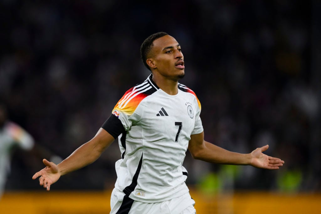 Jamie Leweling celebrates after scoring his team's not given first goal during the UEFA Nations League 2024/25 League A Group A3 match between Germ...