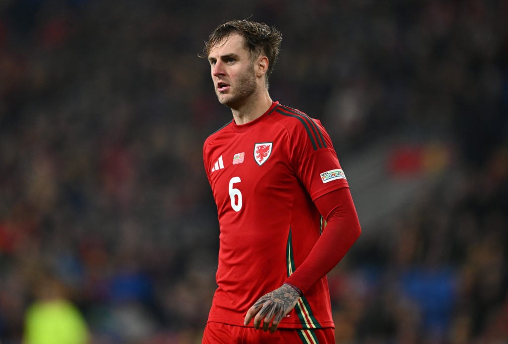 Joe Rodon of Wales  during the UEFA Nations League 2024/25 League B Group B4 match between Wales and Montenegro at  on October 14, 2024 in Cardiff,...