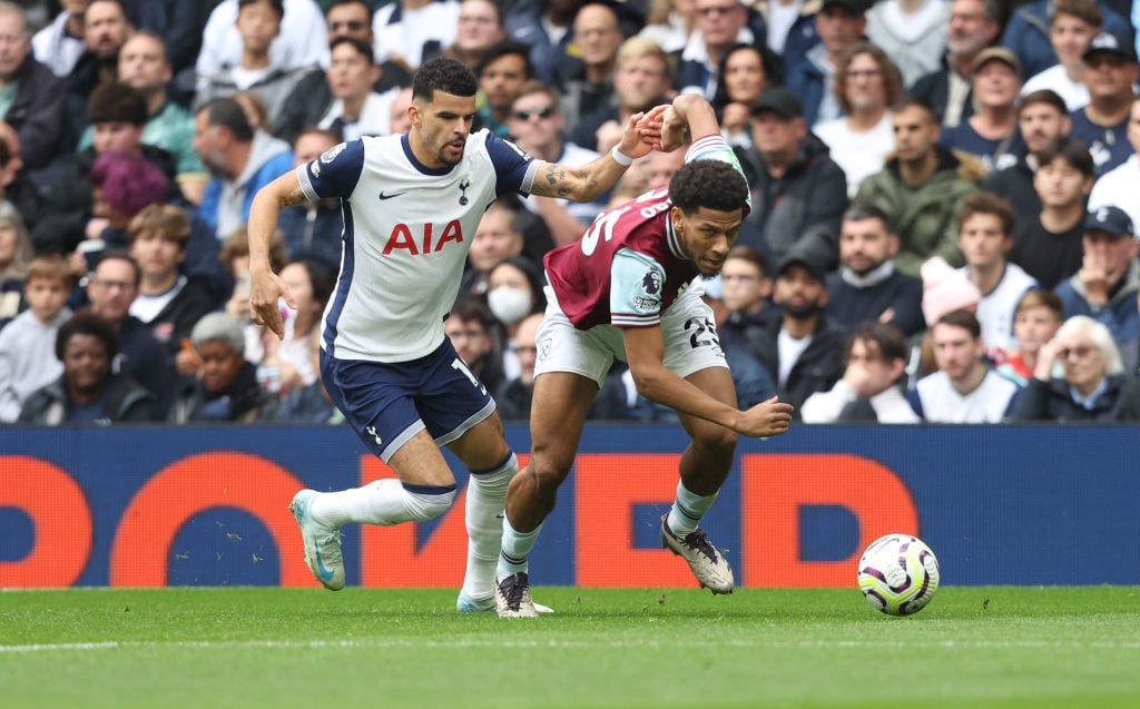 Tottenham Hotspur's Dominic Solanke and West Ham United's Jean-Clair Todibo during the Premier League match between Tottenham Hotspur FC and West H...