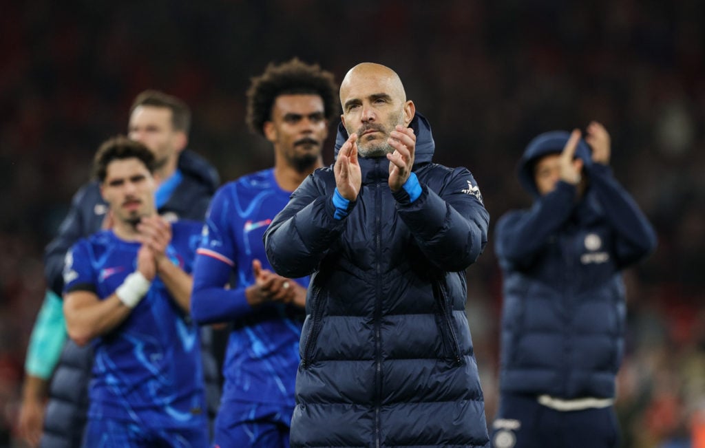 Chelsea manager Enzo Maresca applauds the fans at the final whistle of the Premier League match between Liverpool FC and Chelsea FC at Anfield on O...