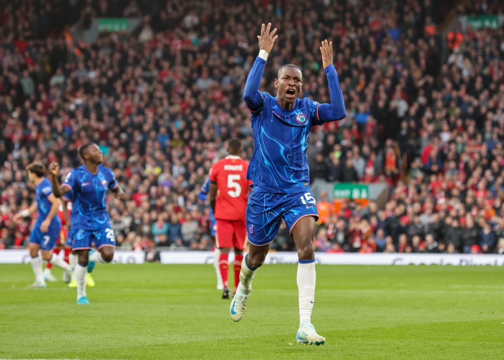 Chelsea's Nicolas Jackson celebrates scoring his side's first goal  during the Premier League match between Liverpool FC and Chelsea FC at Anfield ...