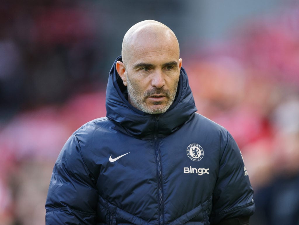 Chelsea manager Enzo Maresca looks on during the Premier League match between Liverpool FC and Chelsea FC at Anfield on October 20, 2024 in Liverpo...