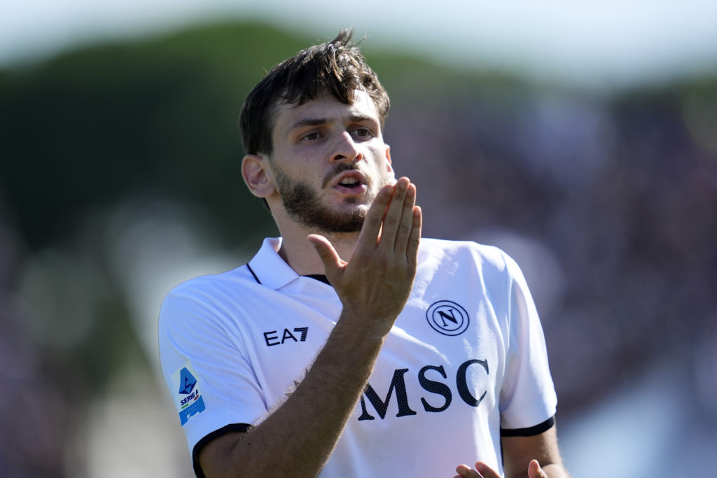 Khvicha Kvaratskhelia of SSC Napoli celebrates after scoring his team's first goal during the Serie A match between Empoli FC and SSC Napoli at Car...