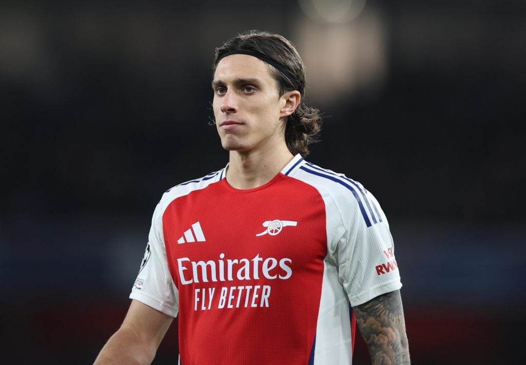 Riccardo Calafiori of Arsenal looks on during the UEFA Champions League 2024/25 League Phase MD3 match between Arsenal FC and FC Shakhtar Donetsk a...