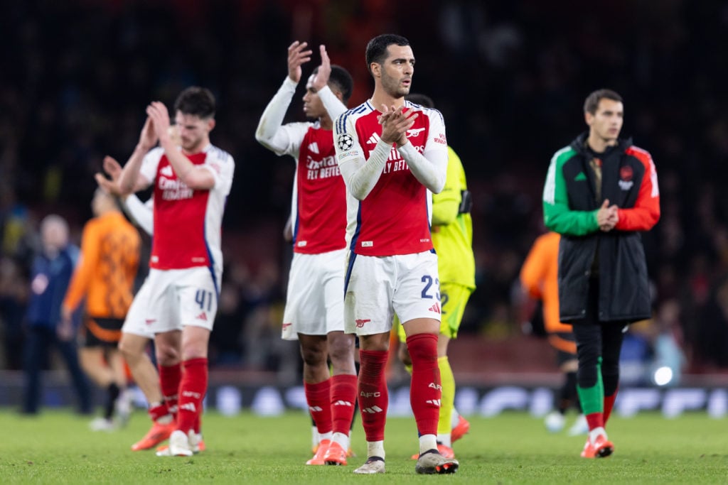 Mikel Merino of Arsenal applauds the fans after their sides victory during the UEFA Champions League 2024/25 League Phase MD3 match between Arsenal...