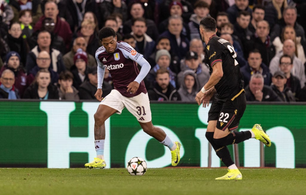 Bologna's Charalampos Lykogiannis (right) looks on as Aston Villa's Leon Bailey breaks during the UEFA Champions League 2024/25 League Phase MD3 ma...