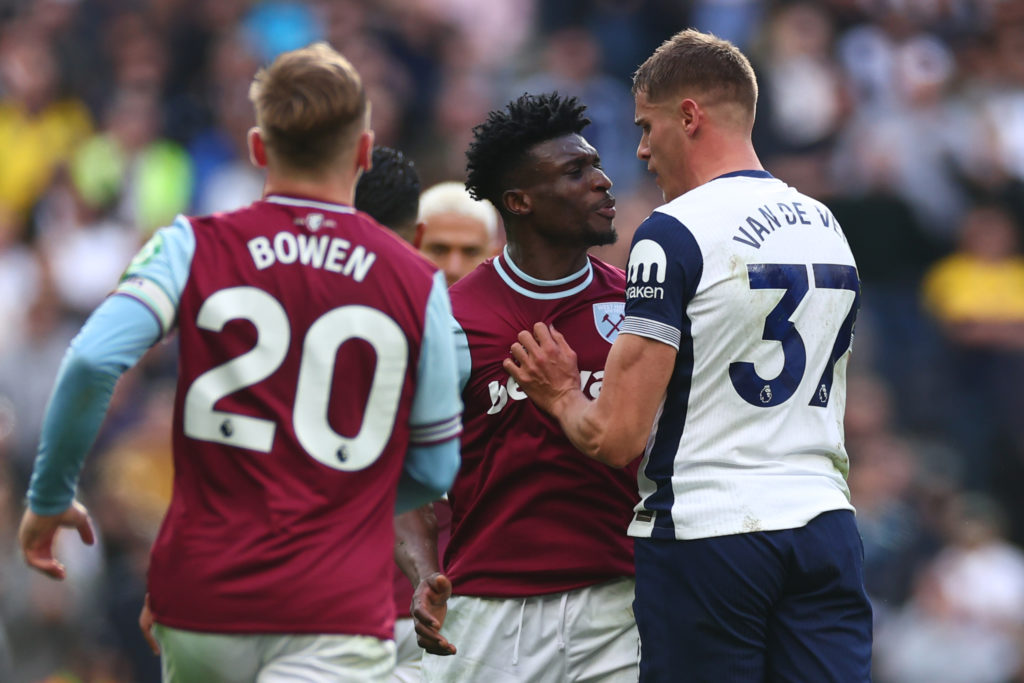 Moahmmed Kudus and Micky van de Ven clash during Tottenham Hotspur vs West Ham United in the Premier League.