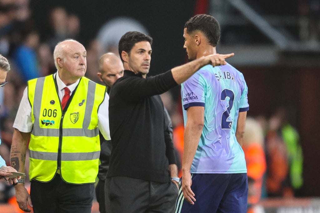 After a pitch-side VAR review Referee Robert Jones sends off William Saliba of Arsenal during the Premier League match between AFC Bournemouth and ...