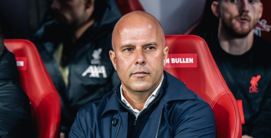 Arne Slot, Head Coach of Liverpool FC looks on prior to the the UEFA Champions League match between RB Leipzig and Liverpool at Red Bull Arena on O...