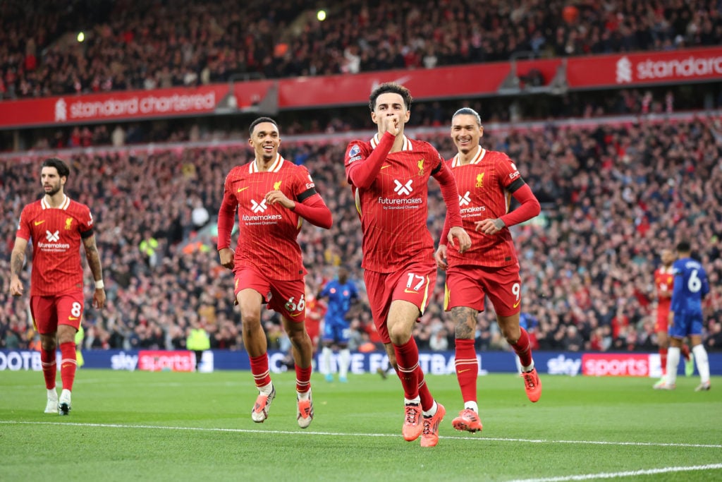 Curtis Jones of Liverpool celebrates scoring his team's second goal during the Premier League match between Liverpool FC and Chelsea FC at Anfield ...