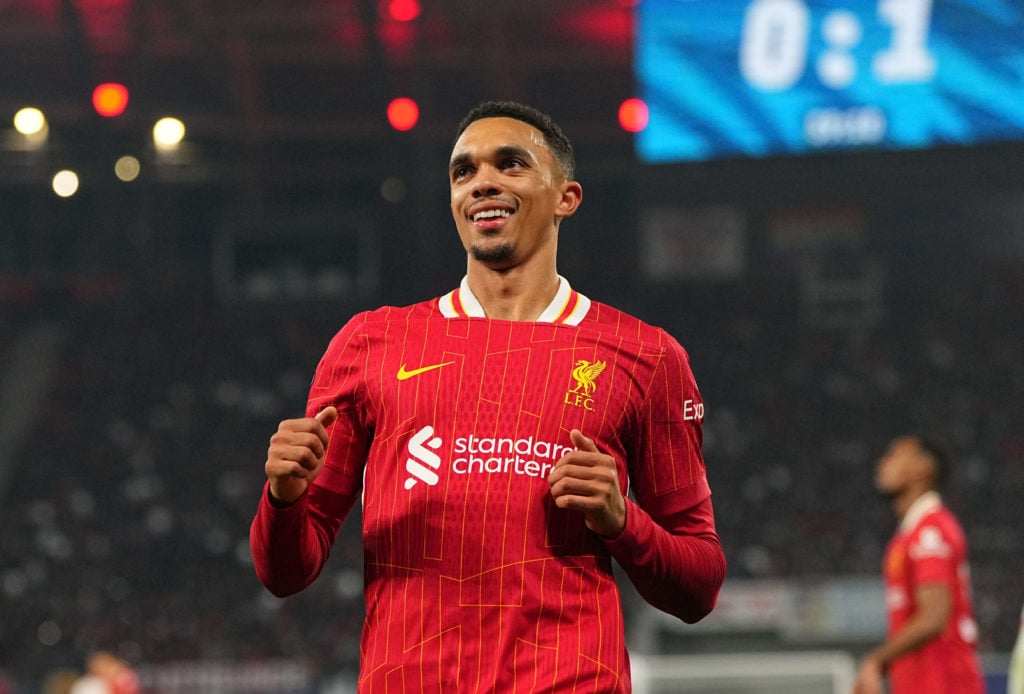 Trent Alexander-Arnold of Liverpool gestures during the Champions League Round 3 match between RB Leipzig v  Liverpool, Red Bull Arena on October 2...