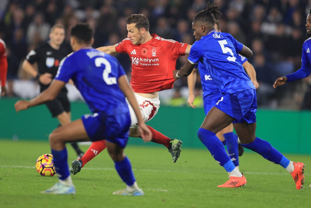 Chris Wood of Nottingham Forest scores the second goal for his team during the Premier League match between Leicester City FC and Nottingham Forest...