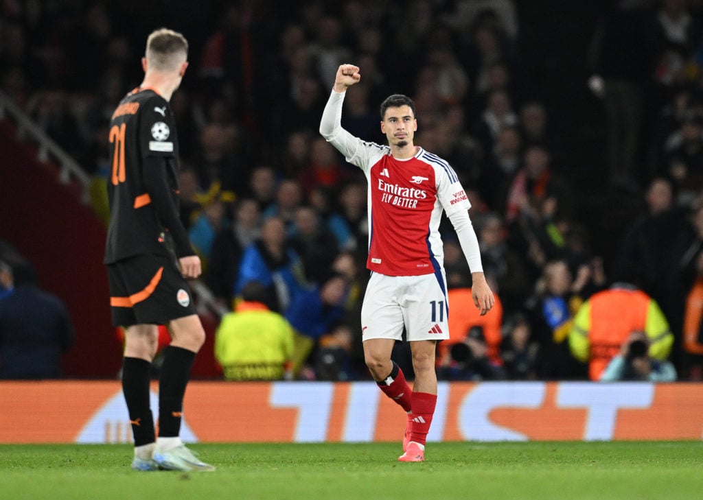 Gabriel Martinelli of Arsenal celebrates his side's first goal, a own goal scored by Dmytro Riznyk of FC Shakhtar Donetsk