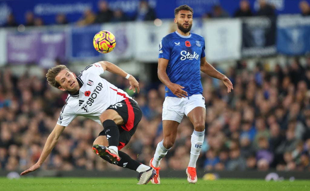 Sander Berge of Fulham and Dominic Calvert-Lewin of Everton challenge during the Premier League match between Everton FC and Fulham FC at Goodison ...