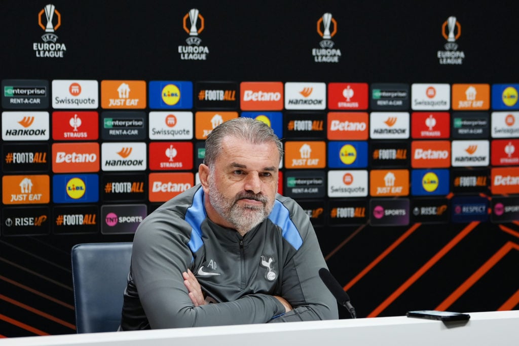 Ange Postecoglou, Manager of Tottenham Hotspur, reacts during a UEFA Europa League 2024/25 League Phase MD3 press conference at Tottenham Hotspur T...