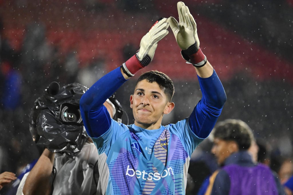 Leandro Brey of Boca Juniors celebrates after winning in the penalty shootout and saving four penalties following the Copa Argentina Quarter-final ...