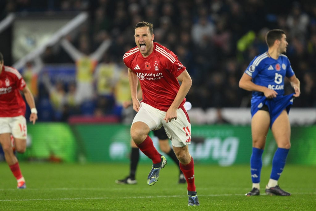 Chris Wood of Nottingham Forest celebrates after scoring a goal during the Premier League match between Leicester City and Nottingham Forest at the...