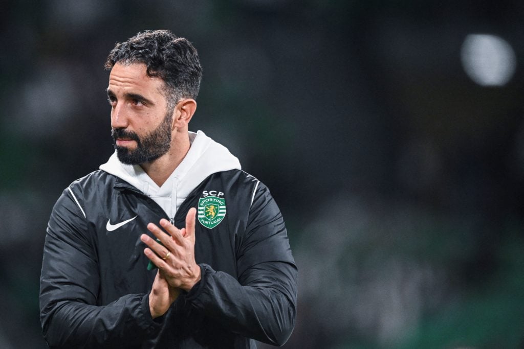 Sporting's coach Ruben Amorim applauds prior the Portuguese League Cup quarter final football match between Sporting CP and CD Nacional at the Jose...