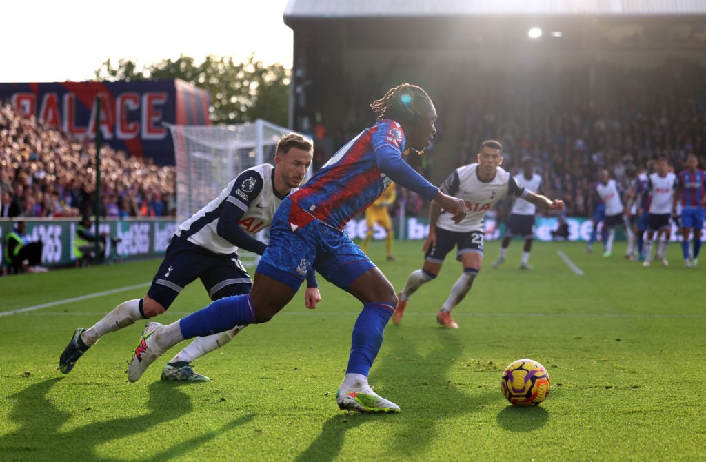 Eberechi Eze of Crystal Palace runs with the ball whilst under pressure from James Maddison of Tottenham Hotspur during the Premier League match be...