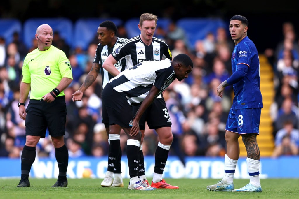 Alexander Isak of Newcastle United reacts after missing a shot during the Premier League match between Chelsea FC and Newcastle United FC at Stamfo...