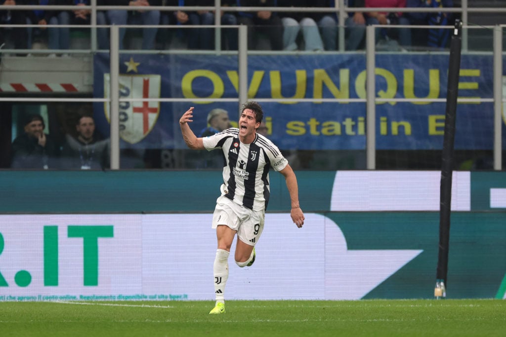 Dusan Vlahovic of Juventus celebrates after team mate Timothy Weah scored to give the side a 2-1 lead during the Serie A match between FC Internazi...