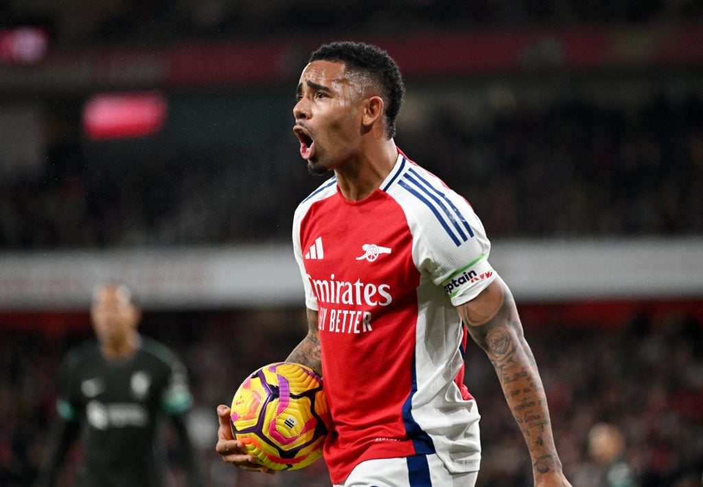 Gabriel Jesus of Arsenal reacts during the Premier League match between Arsenal FC and Liverpool FC at Emirates Stadium on October 27, 2024 in Lond...