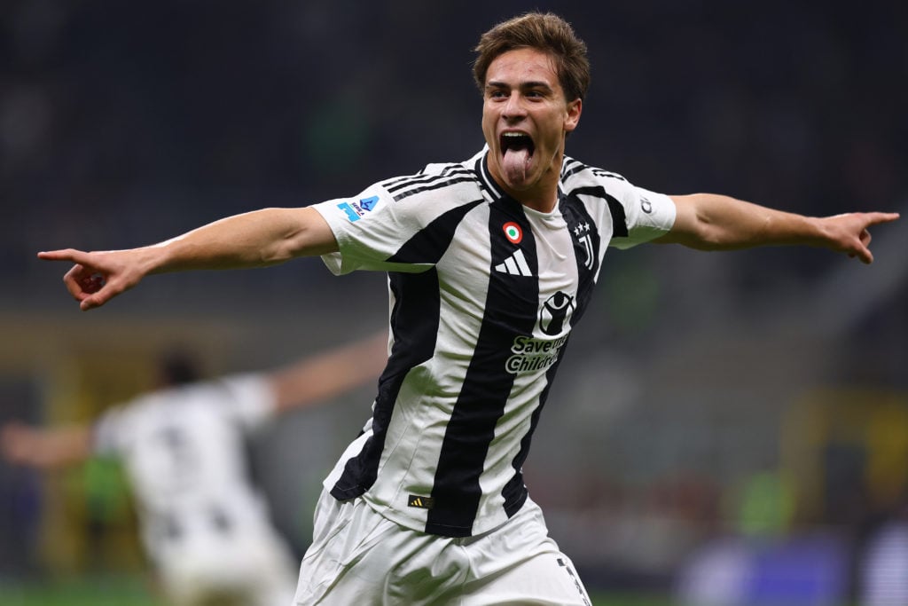 Kenan Yildiz of Juventus FC celebrates after scoring his team's fourth goal during the Serie A match between FC Internazionale and Juventus at Stad...