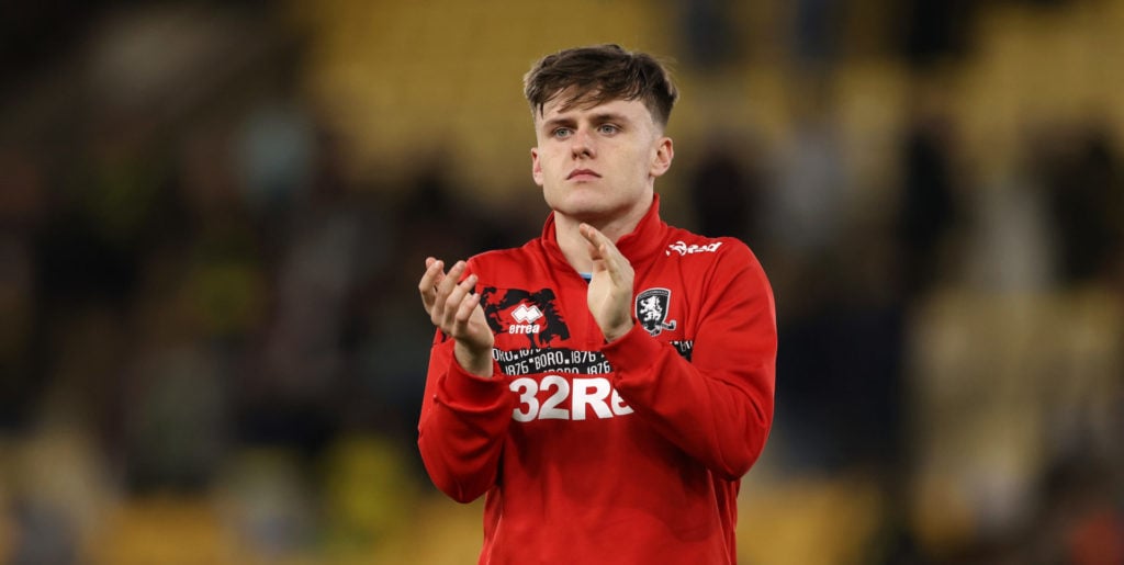 Ben Doak of Middlesbrough Applauds the fans after the Sky Bet Championship match between Norwich City FC and Middlesbrough FC at Carrow Road on Oct...