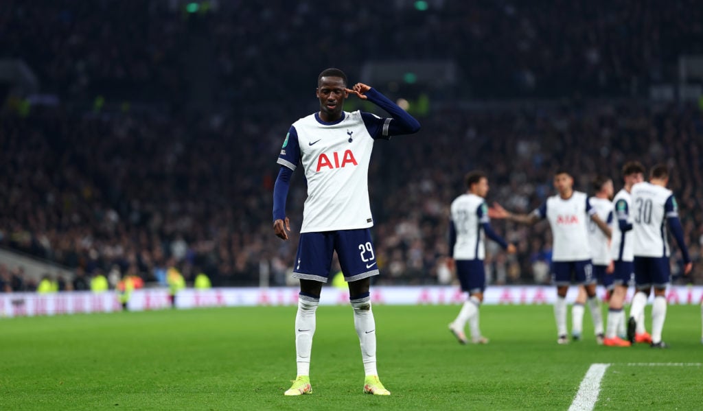 Pape Matar Sarr of Tottenham Hotspur celebrates scoring their teams second goal during the Carabao Cup Fourth Round match between Tottenham Hotspur...