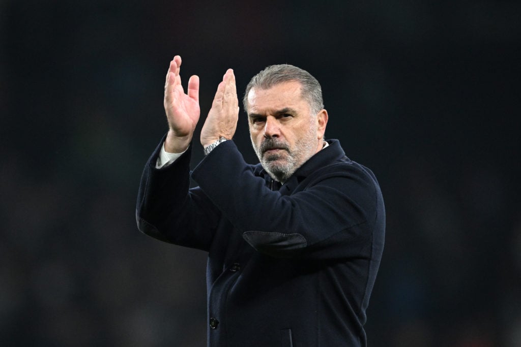 Ange Postecoglou, Manager of Tottenham Hotspur, applauds the fans at the end of the Carabao Cup Fourth Round match between Tottenham Hotspur and Ma...