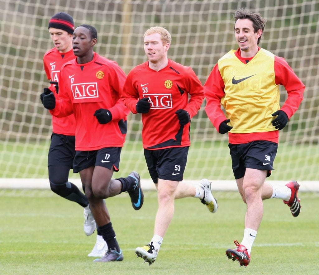 Michael Carrick, Danny Welbeck, Paul Scholes and Gary Neville of Manchester United in action during a First Team training session at Carrington Tra...