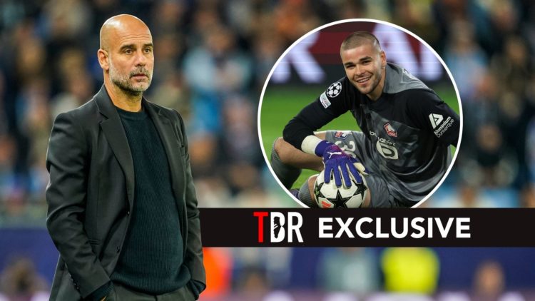 Headcoach Pep Guardiola of Manchester City reacts on the sideline during the UEFA Champions League 2024/25 League Phase MD2 match. Inset, Lucas Che...