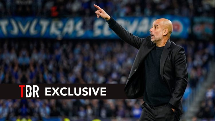 Headcoach Pep Guardiola of Manchester City reacts on the sideline during the UEFA Champions League 2024/25 League Phase MD2 match. Overlaid, an exc...