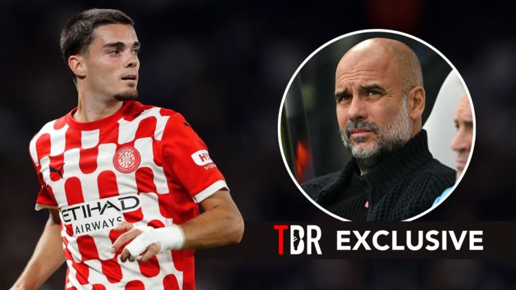 Miguel Gutierrez of Girona during the UEFA Champions League match between Paris Saint Germain v Girona at the Parc des Princes. Inset, Pep Guardiola.