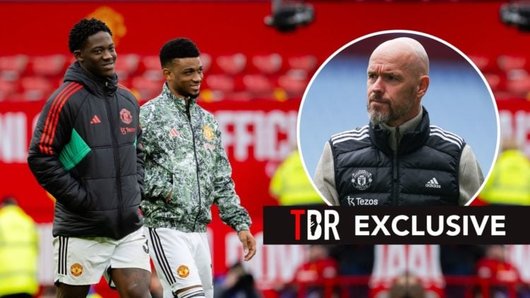 Kobbie Mainoo and Amad of Manchester United walk off after the Premier League match. Inset, Erik ten Hag.