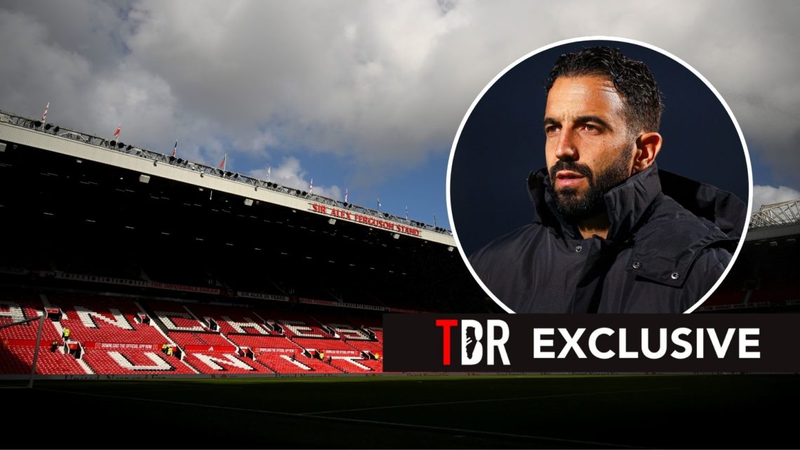 General view inside the stadium prior to the Premier League match between Manchester United FC and Brentford FC at Old Trafford. Inset, Ruben Amorim.