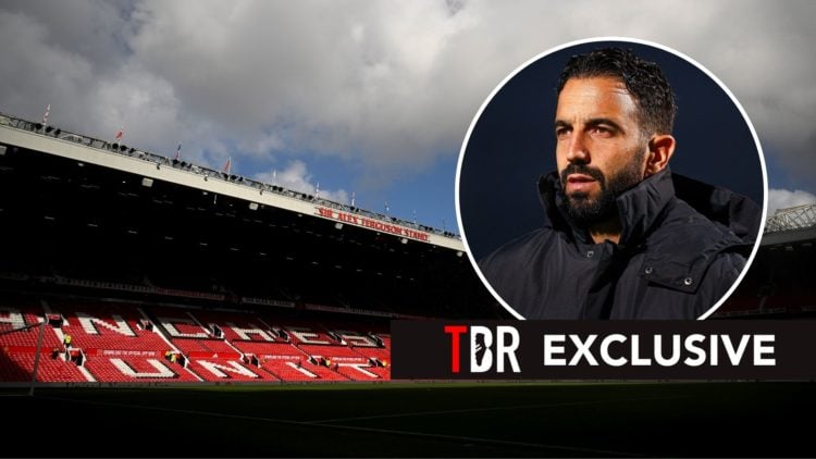 General view inside the stadium prior to the Premier League match between Manchester United FC and Brentford FC at Old Trafford. Inset, Ruben Amorim.