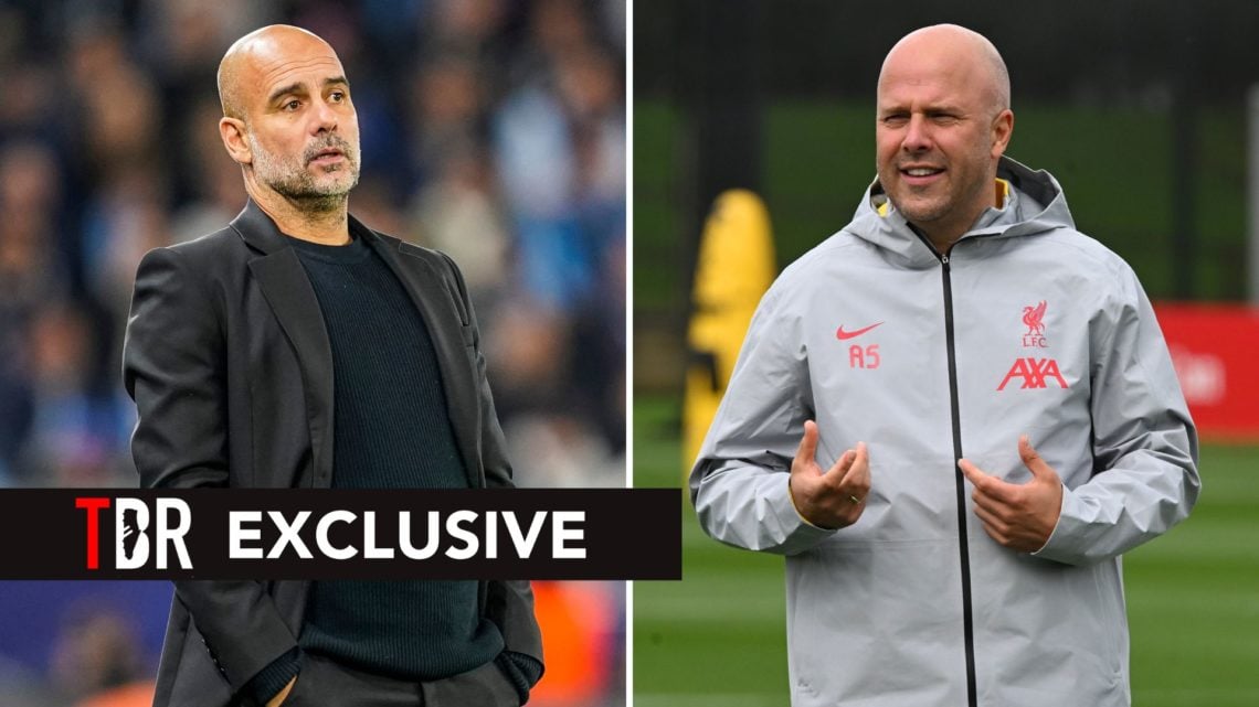 Split image of Pep Guardiola and Arne Slot. Overlaid, an exclusive banner.