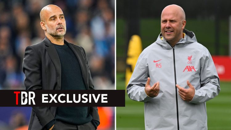 Split image of Pep Guardiola and Arne Slot. Overlaid, an exclusive banner.