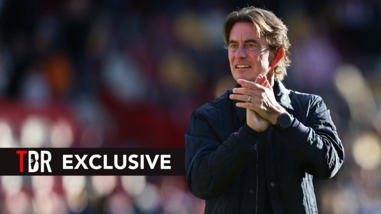 Brentford manager Thomas Frank applauds the fans at the final whistle during the Premier League match between Brentford FC and West Ham United FC. ...