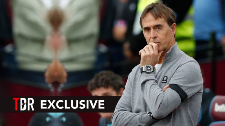 West Ham United's Spanish manager Julen Lopetegui looks on ahead of kick-off in the English Premier League football match. Overlaid, an exclusive b...