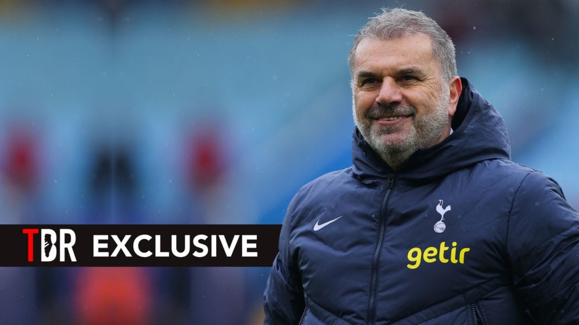 Ange Postecoglou, manager of Tottenham Hotspur, celebrates after the Premier League match between Aston Villa and Tottenham Hotspur. Overlaid, a TB...