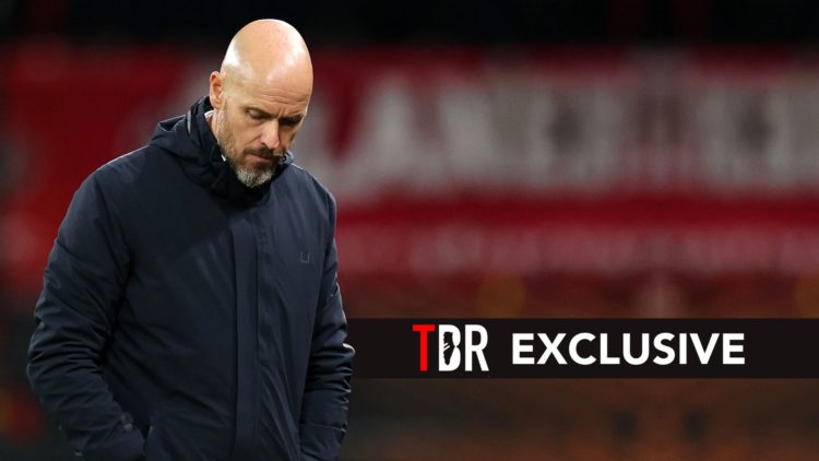 Erik ten Hag, Manager of Manchester United, looks dejected following the UEFA Europa League 2024/25 League Phase MD1 match. Overlaid, an exclusive ...