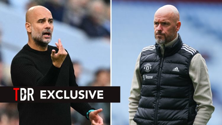 Split image of Pep Guardiola and Erik ten Hag.