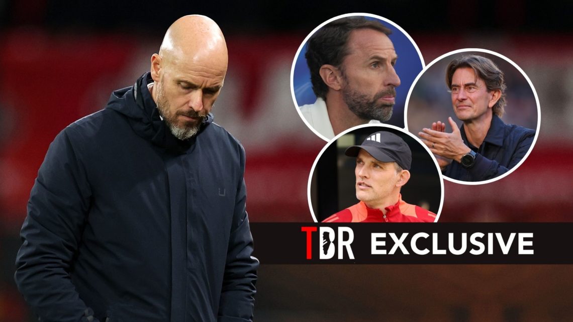 Erik ten Hag, Manager of Manchester United, looks dejected following the UEFA Europa League 2024/25 League Phase MD1 match. Inset, Gareth Southgate...