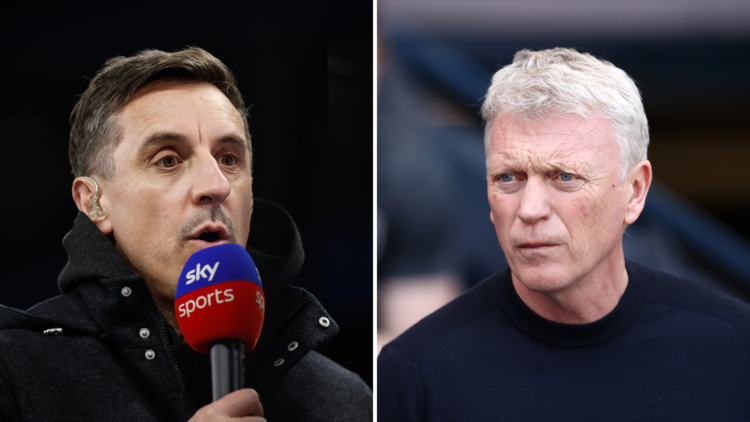Split of G Neville (L) looking shocked and Moyes (R) looking serious.