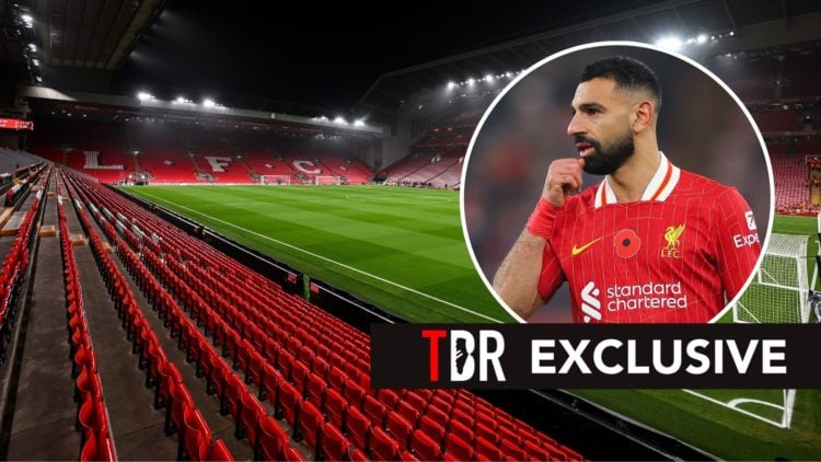 Interior view of Anfield stadium. Inset, Mohamed Salah.