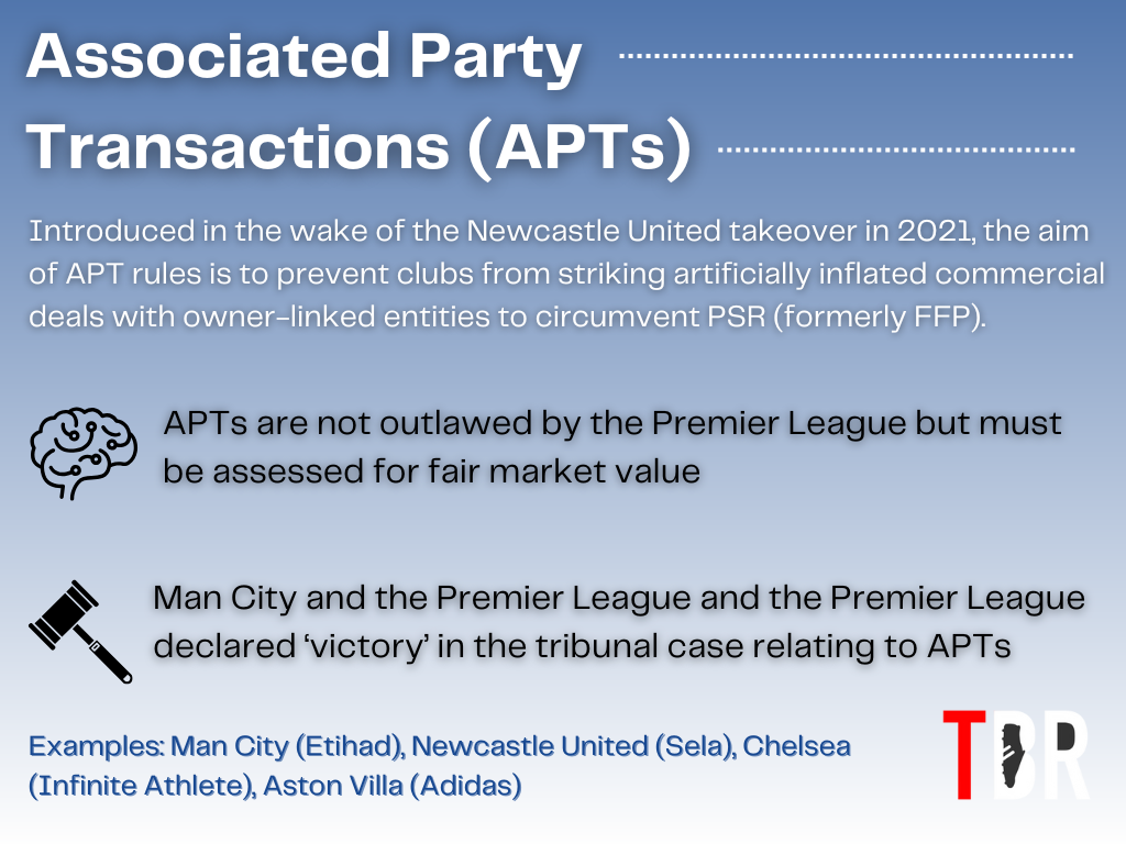 Infographic explaining the Premier League's Associated Party Transaction (APTs), with reference to Newcastle United, Man City, Aston Villa Chelsea and others